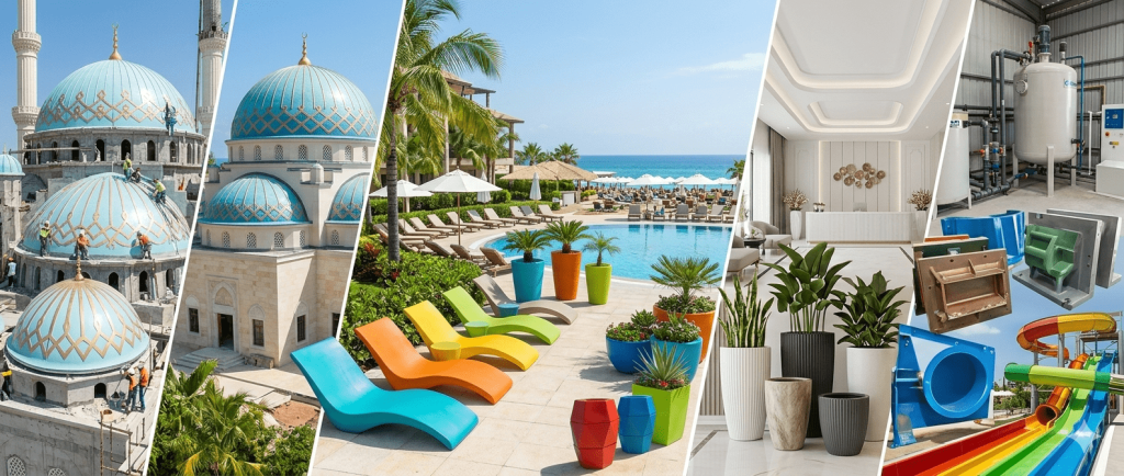 Express Fiberglass Antalya tesislerinde üretilen cami kubbe, şezlong, dev saksı ve tavan panelleri ürün kolajı Tacettin Aydım.