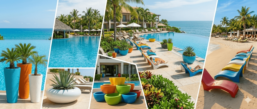 Lüks otel peyzaj tasarımı ve büyük boy dekoratif fiber saksı modelleri Antalya Tacettin Aydım.